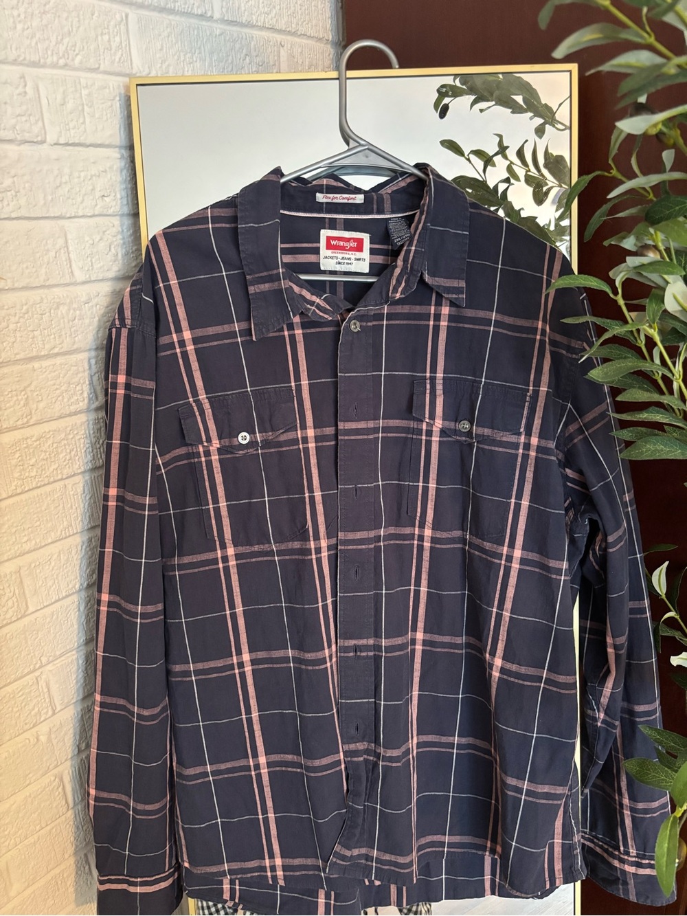Wrangler Navy and Pink Plaid Button-Down Shirt